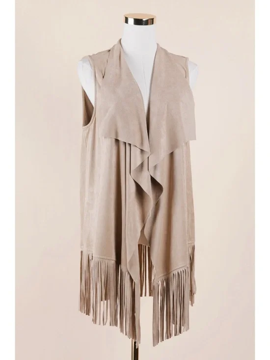 Sz L Decree Tan Faux Suede Boho Western Open Fringe Mid Length Vest EUC - Picture 1 of 4